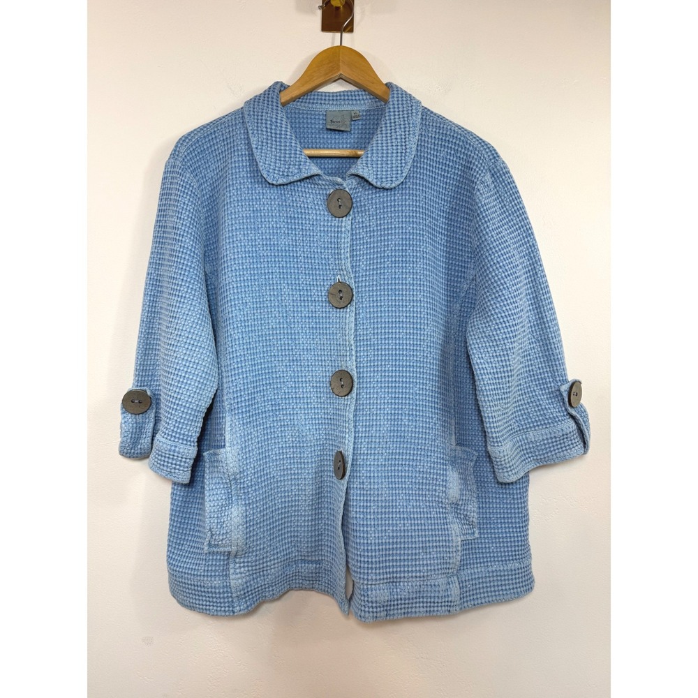 Focus Waffle Knit Jacket Blue Buttons Coastal Grandma Lagenlook Boho Cotton XL